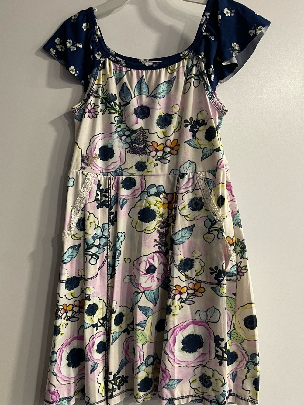 Pink Vanilla Girls Floral Cold-Shoulder Girl Dress in Cream and Navy